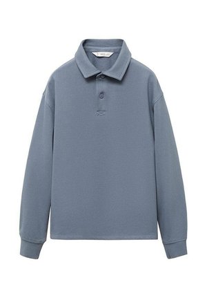 Sininen pitkähihaiselta polo paidalta, joka on valmistettu pehmeästä materiaalista; siinä on kaulus, kolme nappia ja ribbed hihansuut. Minimalistinen muotoilu ilman kuvioita.