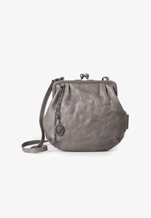 Gray leather handbag with a pleated design, a chain accent, and a clasp closure. Features a detachable shoulder strap for versatility.