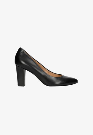 Schwarzer Lederpumps mit spitzem Zehenbereich und Blockabsatz. Glatte Textur und klassisches Design, mit einem dezenten Logo-Detail an der Seite.