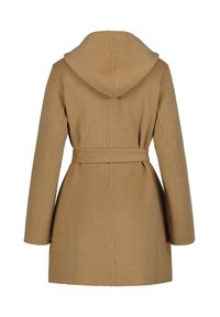 Tan wool coat with a hood, belted waist, and long sleeves. Simple design with a smooth texture and clean lines. Back view displayed.