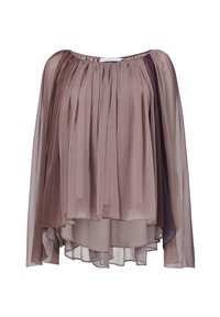 Blusa transparente y plisada en tonos degradados de malva y violeta. Presenta un escote redondeado y mangas largas fluidas con dobladillos en capas.