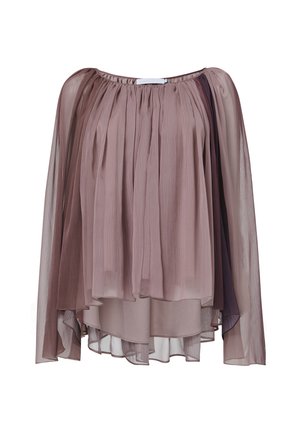 Blusa transparente y plisada en tonos degradados de malva y violeta. Presenta un escote redondeado y mangas largas fluidas con dobladillos en capas.
