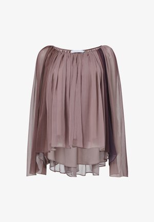 Blusa transparente y plisada en tonos degradados de malva y violeta. Presenta un escote redondeado y mangas largas fluidas con dobladillos en capas.