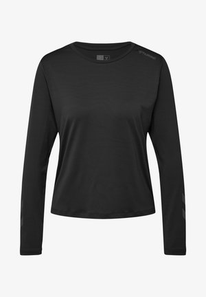 Langarm schwarzes Sportshirt aus glattem Stoff. Hat einen Rundhalsausschnitt, leichten Stretch und subtile graue Akzente an den Ärmeln.