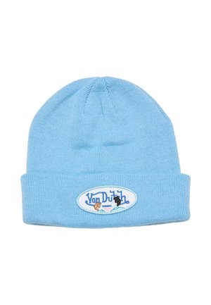 Light blue knit beanie with folded cuff, featuring an oval embroidered patch that reads "Von Dutch" and depicts two characters.