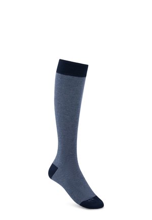 Une chaussette grise haute jusqu’au genou avec bord, talon et pointe noirs sur fond blanc.