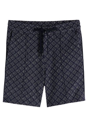 Shorts de bain navy avec un motif géométrique blanc, taille élastique, fermeture à cordon, et poches latérales. Tissu texturé pour le confort.