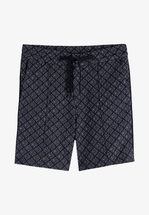 Shorts de bain navy avec un motif géométrique blanc, taille élastique, fermeture à cordon, et poches latérales. Tissu texturé pour le confort.