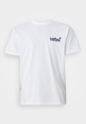 White cotton t-shirt with short sleeves, round neck, and small navy blue "Wiltopia" logo on the left chest. Smooth texture.
