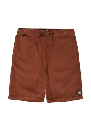 Shorts en velours côtelé marron avec une taille élastique et un cordon de serrage, dotés de poches latérales et d'un petit patch logo noir sur le bas côté.