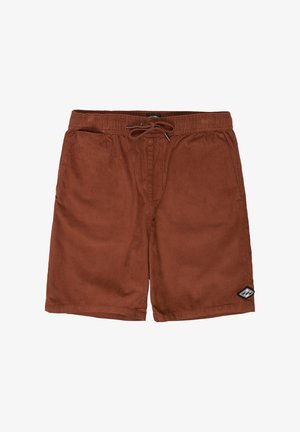 Brune kordfløjlsshorts med elastisk talje og snøre, med sidelommer og et lille sort logopatch på den nederste side.