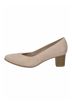 Beige velúr sarkú pump, hegyes orrral és rakott blokk sarkúval. Sima textúra és egyszerű, klasszikus dizájn.