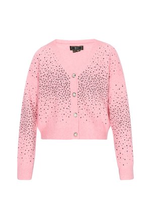 Rosekleurige cropped cardigan met V-hals, lange mouwen, vier decoratieve glanzende knopen en verspreide zwarte paillettenversieringen.