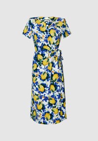 Kurzärmliges Wickelkleid aus weißem Stoff, verziert mit gelben Zitronen und blauen Blumenmustern, mit einem Bindeband in der Taille für eine verstellbare Passform.