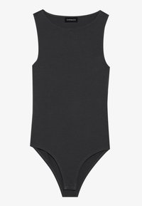 Svart ermeløs bodysuit laget av glatt, elastisk stoff med rund halslinje og knappelukking i bunnen. Minimalistisk design og tettsittende fasong.
