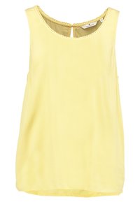 Haut sans manches jaune en tissu léger avec une finition texturée, doté d'un col rond et d'un détail en forme de clé à l'arrière.