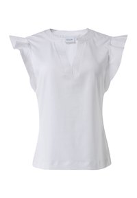 Short-sleeve white blouse with a notch neckline, pleated detailing, and ruffled sleeves. Made of soft cotton fabric.