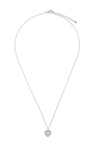 Zilveren ketting met een hartvormige hanger versierd met meerdere kleine, ronde, heldere edelstenen, die een gestructureerd oppervlak creëren.