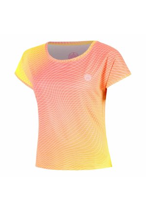 Maglietta sportiva da donna a maniche corte con sfumatura rosa, arancione e gialla e un delicato motivo a griglia bianca sul tessuto.