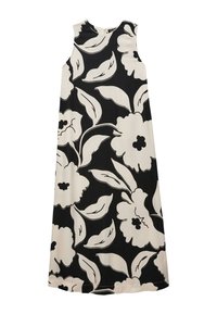 Robe longue sans manches avec un col haut. Tissu noir présentant de grands motifs floraux et de feuilles blancs. Texture douce, design droit.