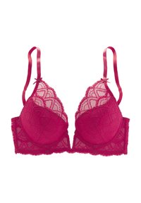 Magentas krāsas mežģīņu krūšturis ar ģeometriskām un ziedu rakstiem, regulējamiem satīna siksnām un dziļu dekoltē.