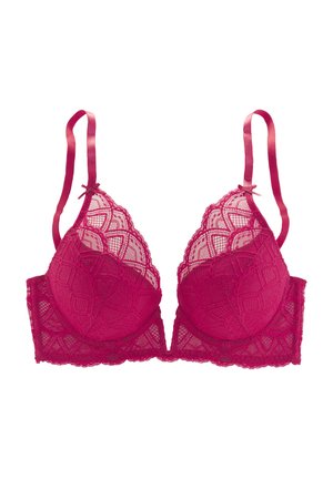 Magenta Spitzen-BH mit geometrischen und floralen Mustern, verstellbaren Satin-Trägern und einem tiefen Ausschnitt.