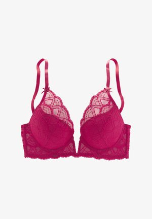 Magenta Spitzen-BH mit geometrischen und floralen Mustern, verstellbaren Satin-Trägern und einem tiefen Ausschnitt.