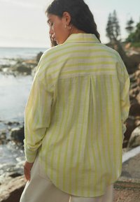 Camicia a maniche lunghe di un giallo pallido con strisce orizzontali verdi, dotata di colletto, vestibilità rilassata e dettaglio di piega sul retro, il tutto su uno sfondo costiero.