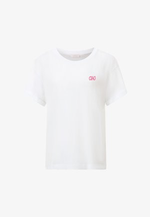 Witte katoenen t-shirt met korte mouwen en een ronde hals. Voorzien van een roze geborduurde "CIAO" op de linkerborst. Ontspannen pasvorm.
