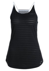 Camiseta deportiva negra sin mangas con sutiles rayas horizontales de malla y finas tiras blancas en los hombros.