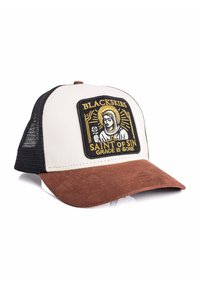 Trucker kapa s črnim mrežastim zadnjim delom, belim sprednjim panelom, rjavim semišim šiltom in našitkom s podobo svetnika ter napisom "BLACKSKIES SAINT OF SIN GRACE IS GONE."