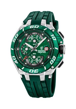 Grøn Festina Chrono Bike-ur med tre subdialer, hvide timemarkører, roterende bezel og grøn gummirem med sølv accenter.