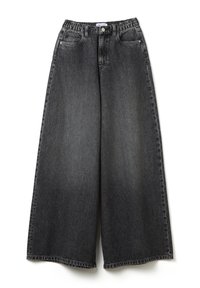 Jeans de mezclilla negros de pierna ancha con cinturilla elástica, que presentan una textura desgastada, bolsillos frontales y un diseño clásico de cinco bolsillos.