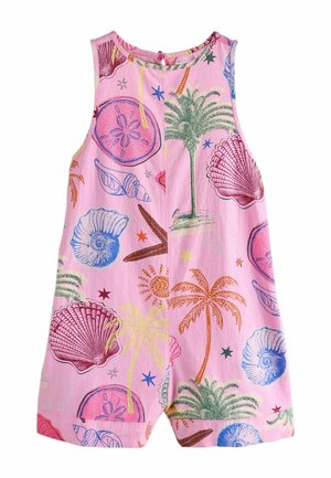 Rosa ärmelloser Overall mit buntem tropischem Druck von Palmen, Muscheln, Seesternen und Sanddollar.