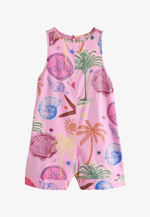 Roze mouwloze romper met kleurrijke, tropische print van palmbomen, schelpen, zeesterren en zanddollars.