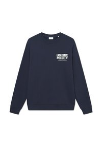Sudadera azul marino de algodón. Presenta un cuello redondo, mangas largas y un logo impreso en blanco en la parte superior izquierda.