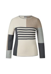 Langärmliger Pullover mit einem Color-Block-Design in Beige, Grau und Marine, mit horizontalen Streifen über der Brust und einem gerippten Ausschnitt.