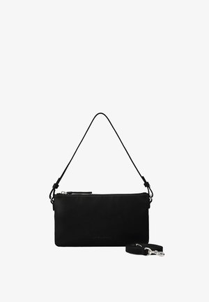 Rectangular black leather handbag with a slender design, zip closure, adjustable strap, and subtle branding embossed on the front.