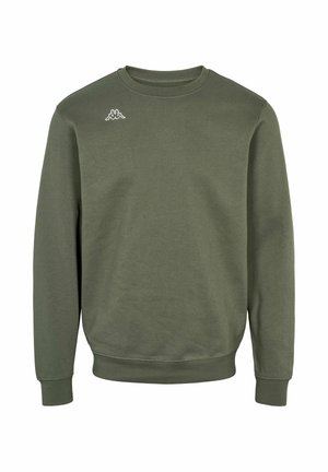 Oliivinvihreä pitkähihainen pyöreäkauluksinen collegepaita, jossa on pieni valkoinen logo vasemmassa ylärintakehässä.