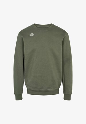 Oliivinvihreä pitkähihainen pyöreäkauluksinen collegepaita, jossa on pieni valkoinen logo vasemmassa ylärintakehässä.