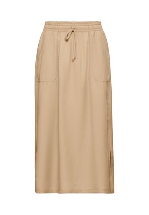 Beige rok van lichtgewicht stof, met een elastische tailleband met een trekkoord, zijzakken en splitten aan beide zijden.