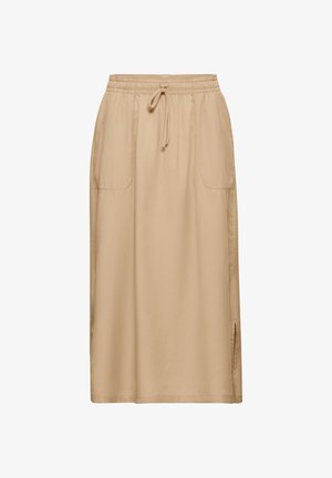 Beige rok van lichtgewicht stof, met een elastische tailleband met een trekkoord, zijzakken en splitten aan beide zijden.