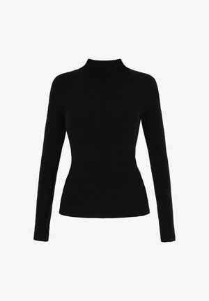 Pulover negru cu mânecă lungă și guler înalt, cu o siluetă ajustată și o textură fină. Design simplu, fără modele sau accente suplimentare.