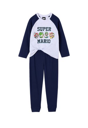 Children's two-piece pajama set with navy blue long sleeves and pants, featuring Super Mario characters and text on the light gray top.
