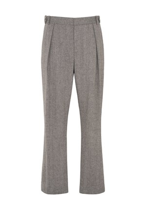 Graue, gerade geschnittene Hose mit hohem Bund, vorn mit Falten und seitlich verstellbaren Laschen auf weißem Hintergrund.