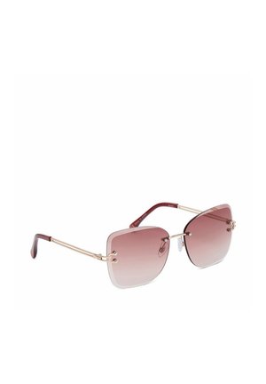 Quadratische randlose Sonnenbrille mit verlaufenden rosa Gläsern und dünnen goldenen Metallbügeln mit dunkelroten Enden, schräg auf weißem Hintergrund dargestellt.
