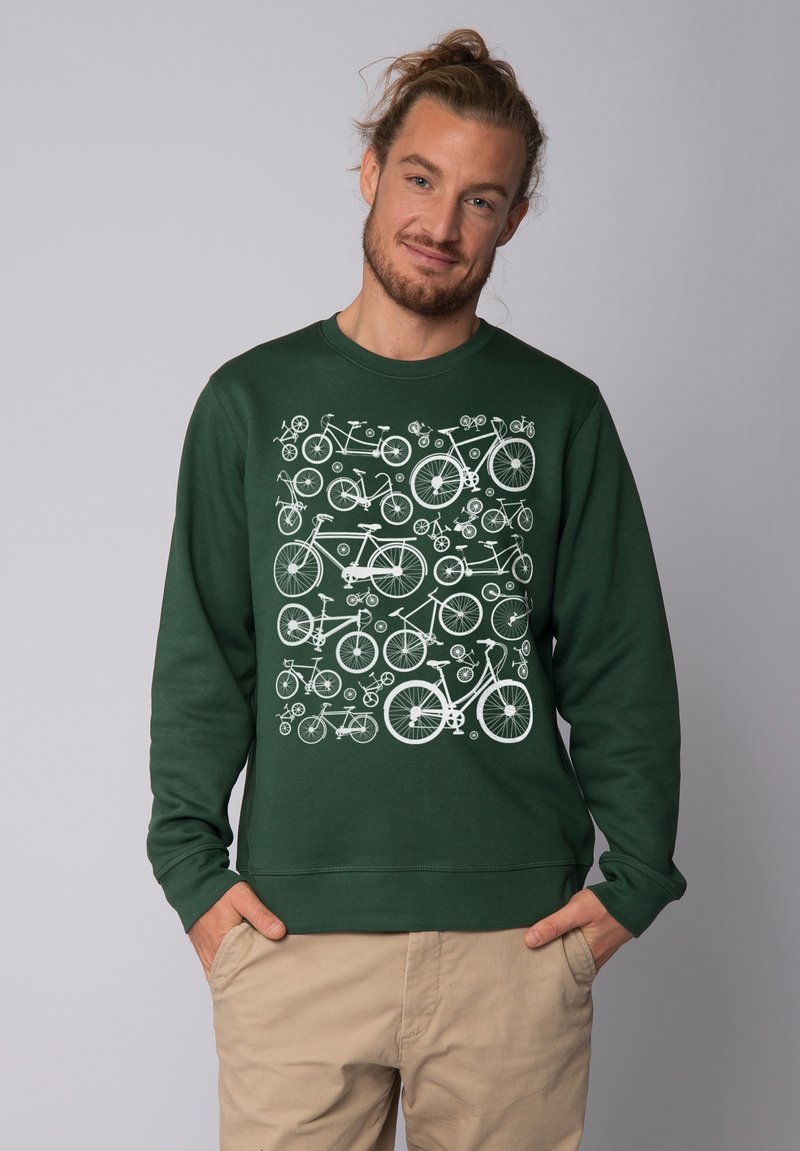 Groene sweatshirt met lange mouwen en een ronde hals, met een wit fietsdesign op de voorkant. Gladde textuur en een ontspannen pasvorm.