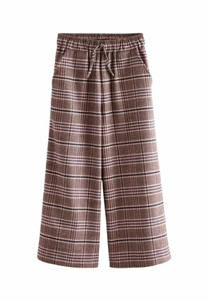 Karierte, cropped Hosen in Braun mit einem Kordelzugbund, zwei Seitentaschen und einem strukturierten Stoff mit abwechselnd dunklen und hellen Linien.