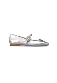 Zilveren ballet flats met een spitse neus, metallic afwerking en een decoratieve gesp. Platte rubberen zool met minimale details.