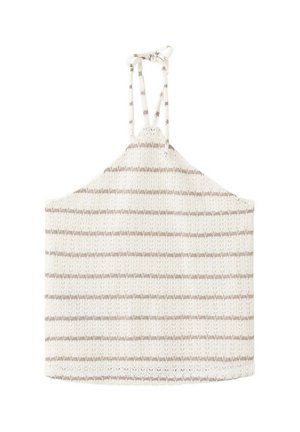 Haut dos nu tricoté avec des rayures horizontales beige clair et blanches et fermeture à nouer au niveau du cou.
